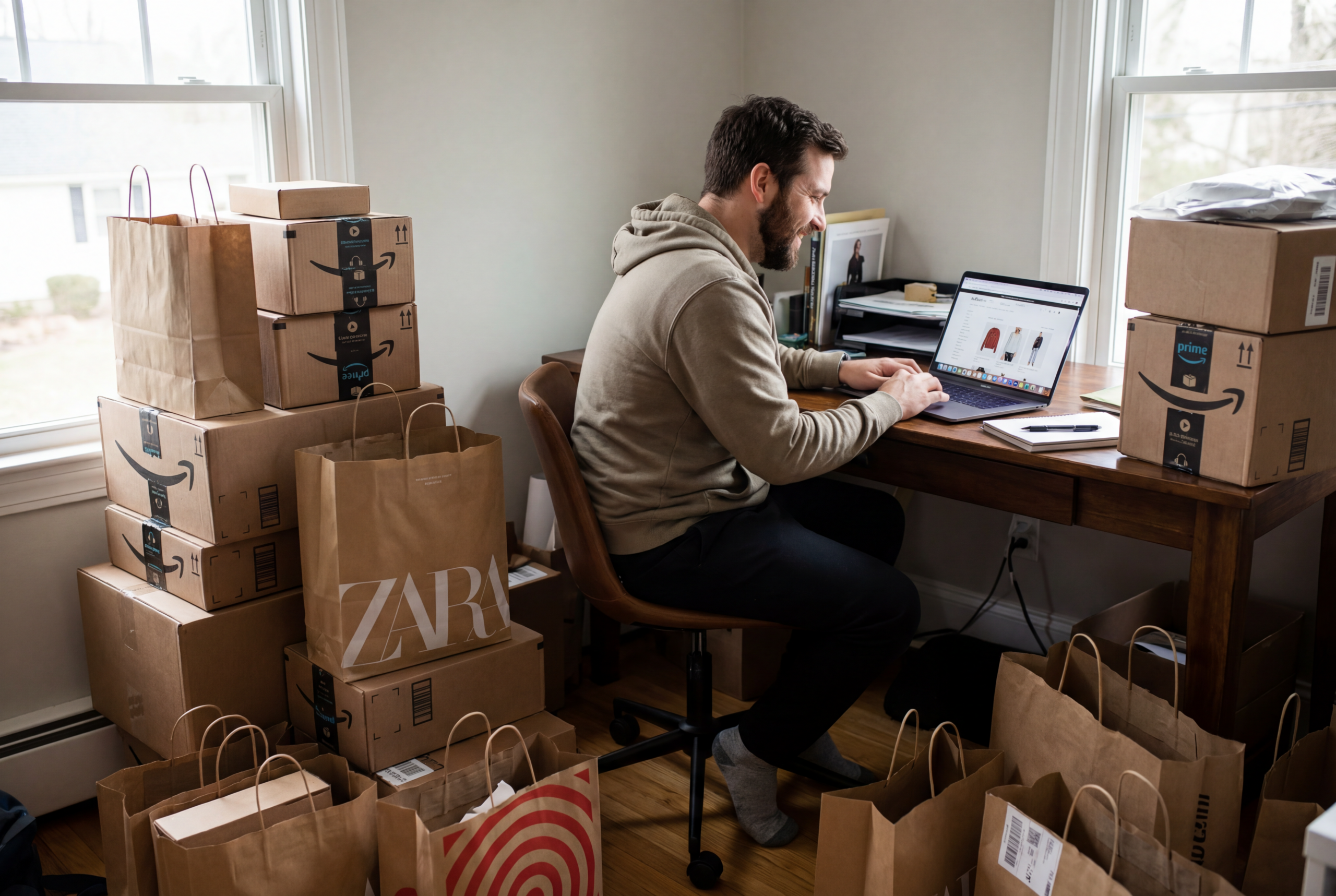 Online-Shopping zu Hause mit vielen Paketen als Symbol für Agentic Commerce und automatisierte Einkäufe durch KI